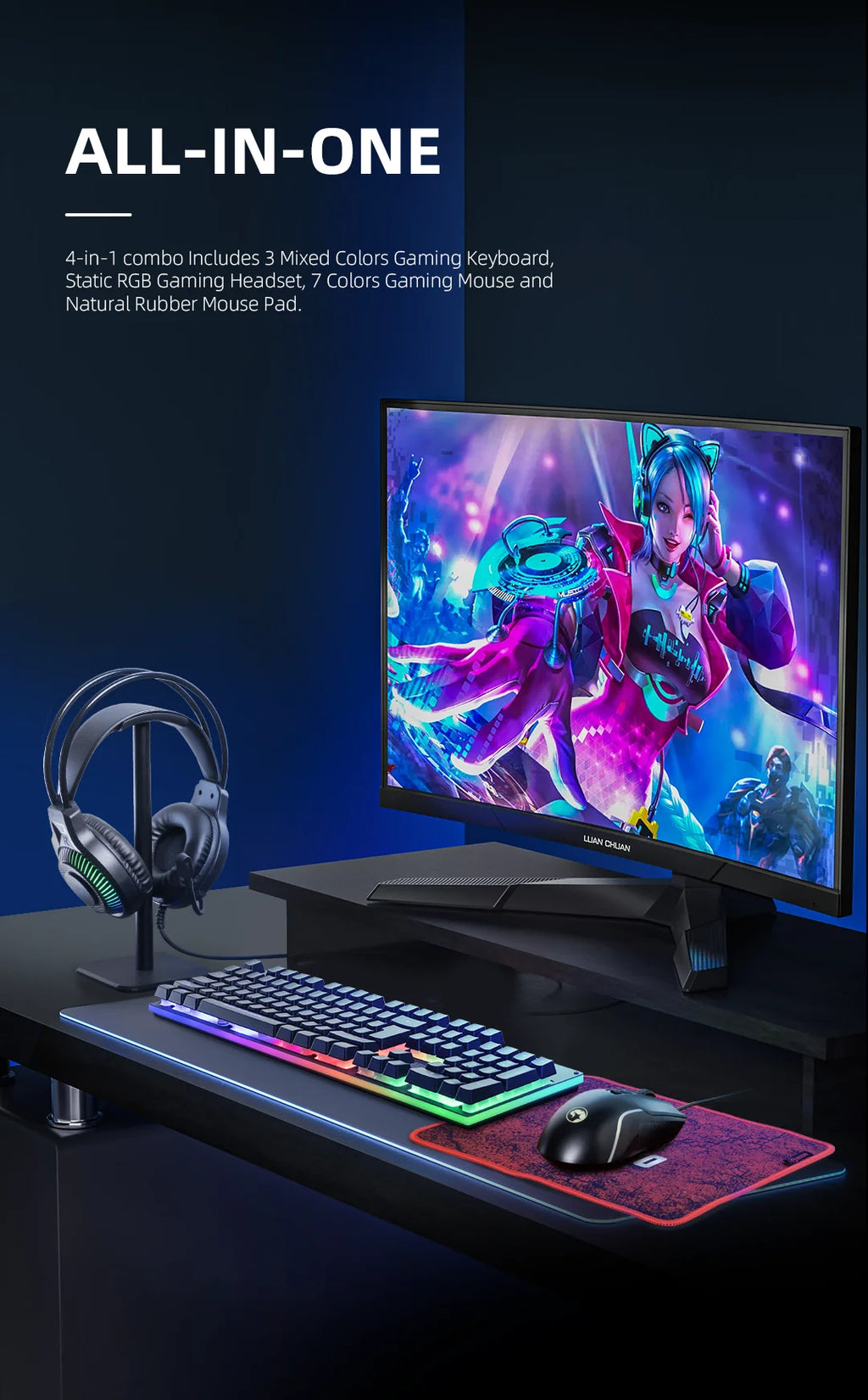 Kit Gamer teclado, mouse, headset e mouse pad